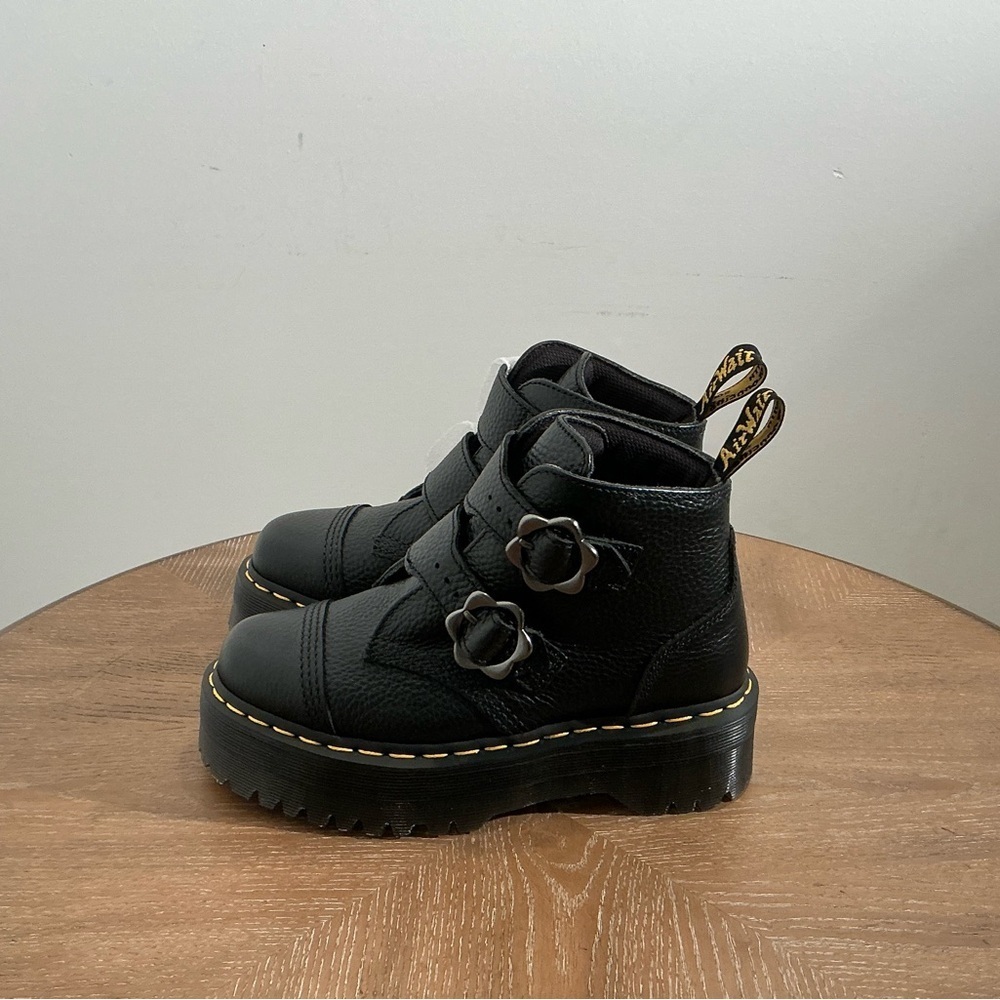 New Dr. Martens Women's Devon Flower Buckle Leather Platform Boots - Picture 7 of 8